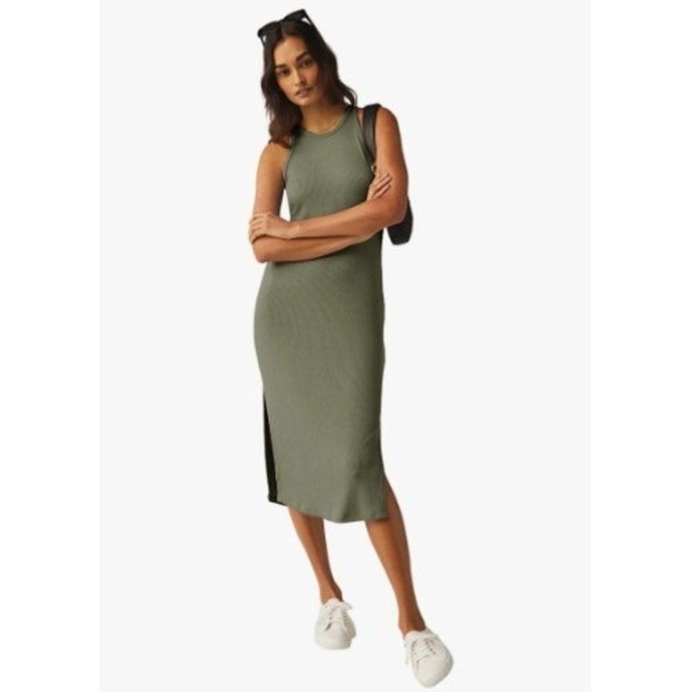 Beyond YogaFormation Tank Dress Micro Modal Ribbed Racerback Slit Olive Green L
